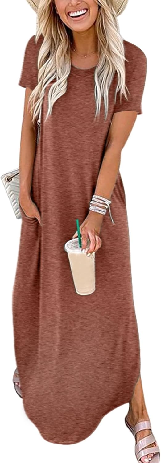 ANRABESS Womens Summer Maxi Dress Short Sleeve Casual Loose Long T Shirt Dresses Split Vacation Beach Sundress Travel Outfits