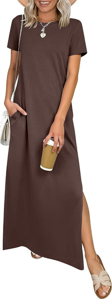 ANRABESS Womens Summer Casual Maxi Dress Short Sleeve Crewneck Split Wrinkle-Free Travel Long Sundress Beach Vacation Clothes