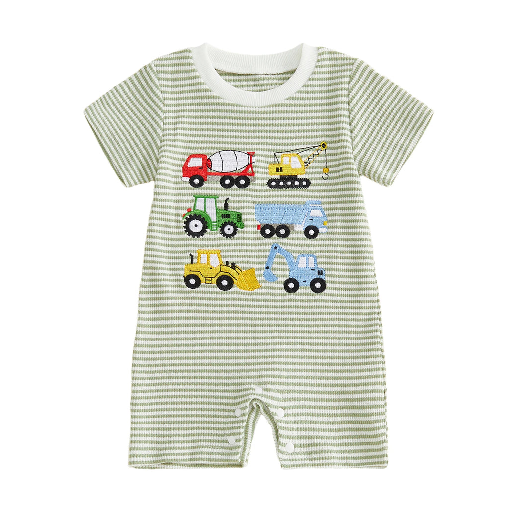 Citgeett Summer Infant Baby Boy Romper Casual Embroidered Striped Crew Neck Short Sleeve Jumpsuit Clothes