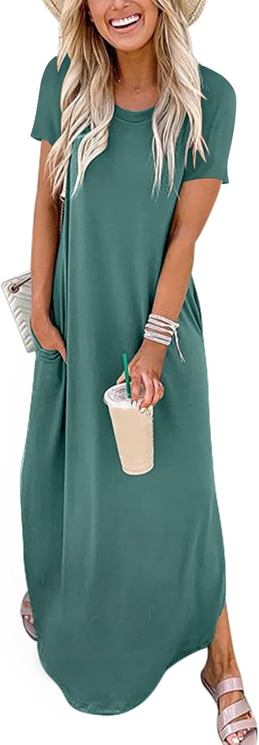 ANRABESS Womens Summer Maxi Dress Short Sleeve Casual Loose Long T Shirt Dresses Split Vacation Beach Sundress Travel Outfits