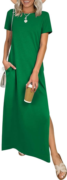ANRABESS Womens Summer Casual Maxi Dress Short Sleeve Crewneck Split Wrinkle-Free Travel Long Sundress Beach Vacation Clothes