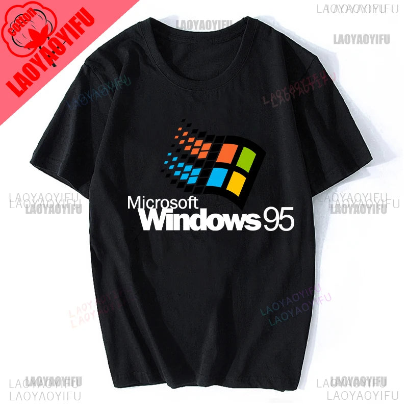 Windows 95 Small T-Shirt Summer Cotton Blouse Men 7 T Shirt Windows Casual Stylish Street Short Sleeve Gothic Vintage Streetwear