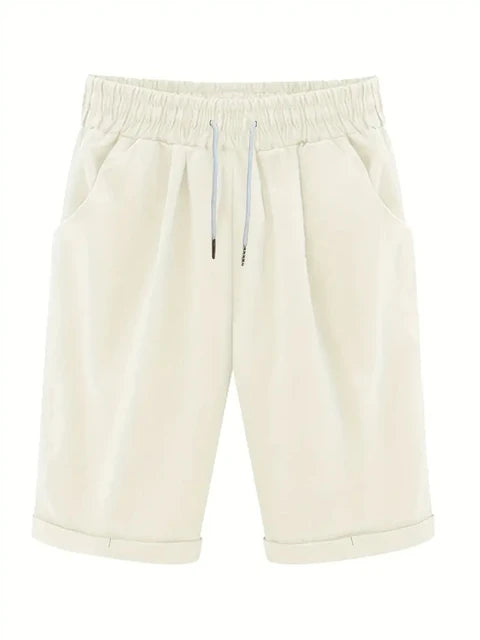 Plus Size High Rise Drawstring Shorts, Women's Plus SlightStretch Solid Casual Shorts With Pocket