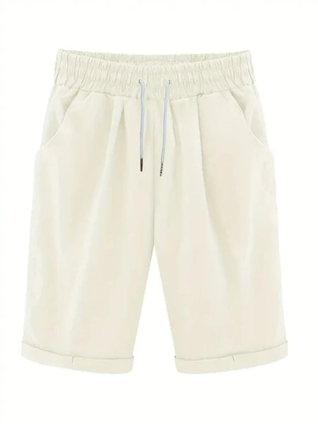 Plus Size High Rise Drawstring Shorts, Women's Plus SlightStretch Solid Casual Shorts With Pocket