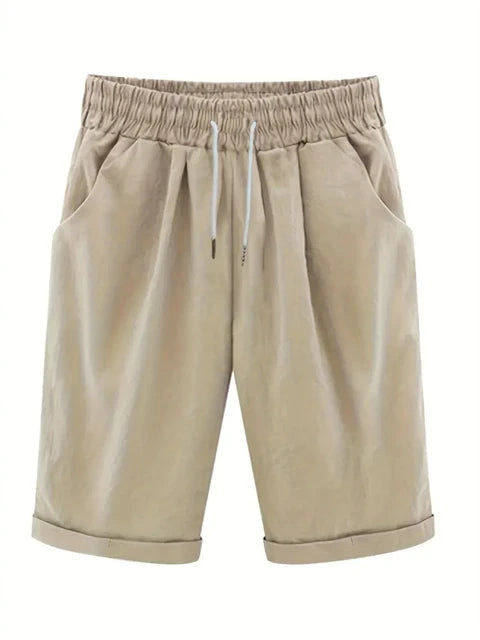 Plus Size High Rise Drawstring Shorts, Women's Plus SlightStretch Solid Casual Shorts With Pocket