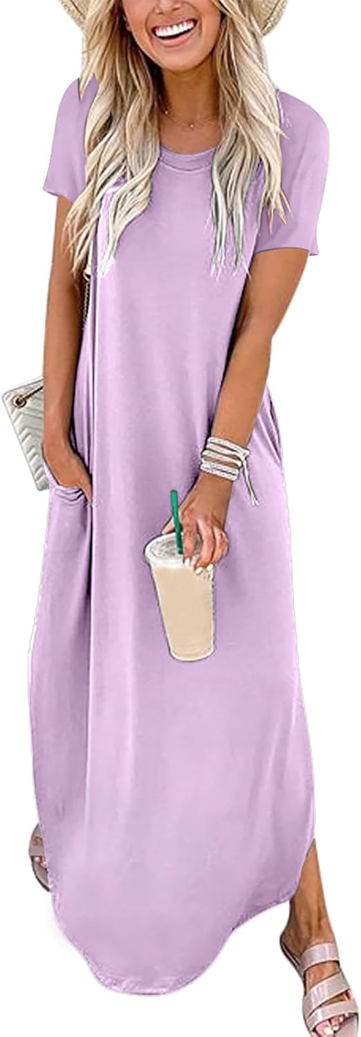 ANRABESS Womens Summer Maxi Dress Short Sleeve Casual Loose Long T Shirt Dresses Split Vacation Beach Sundress Travel Outfits