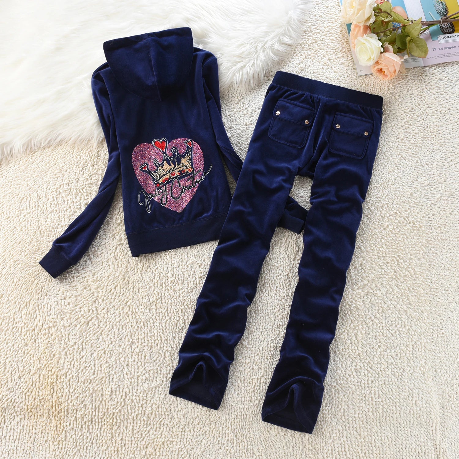 Velvet Tracksuit Women Casual Women Velvet Tracksuit Original Suit Women Outdoor sports hooded sweatshir Suit Diamond Juicy 2pc