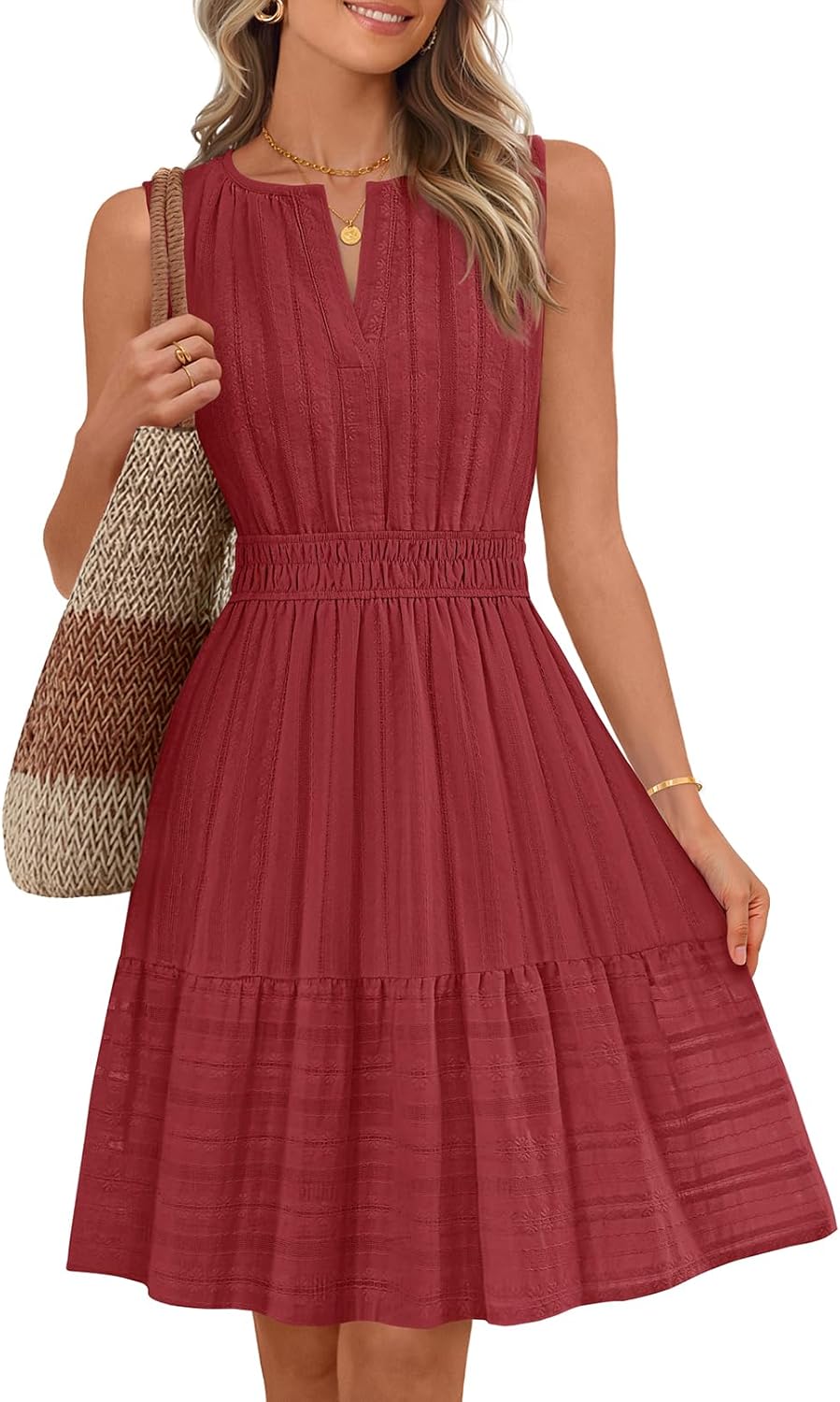 MEROKEETY Women's 2026 Summer Casual Mini Sundress Beach Vacation Sleeveless V Neck Flowy A Line Dress with Pockets