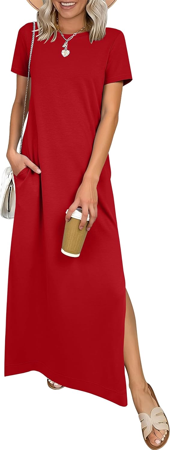 ANRABESS Womens Summer Casual Maxi Dress Short Sleeve Crewneck Split Wrinkle-Free Travel Long Sundress Beach Vacation Clothes