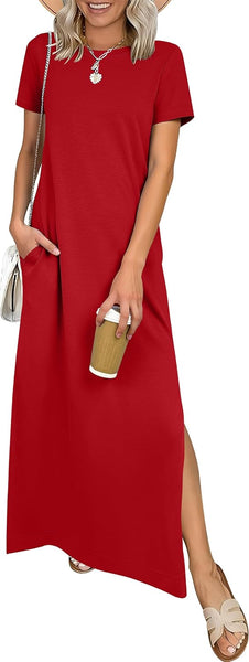 ANRABESS Womens Summer Casual Maxi Dress Short Sleeve Crewneck Split Wrinkle-Free Travel Long Sundress Beach Vacation Clothes