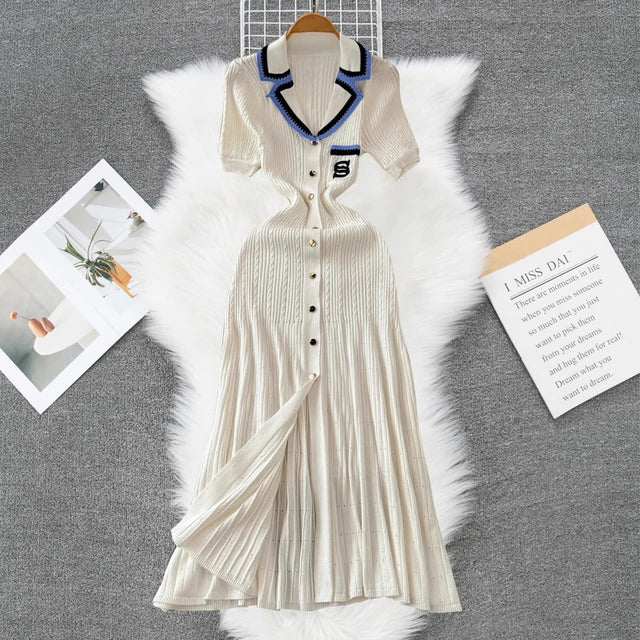 YuooMuoo 2024 New Arrival Women Knitted Maxi Dress Elegant Notched Single-breasted A-line Sweater Dress Female Long Vestidos