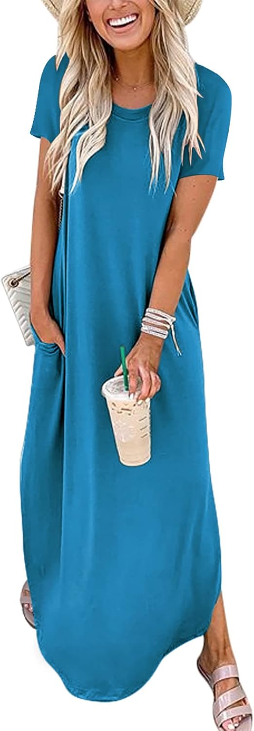 ANRABESS Womens Summer Maxi Dress Short Sleeve Casual Loose Long T Shirt Dresses Split Vacation Beach Sundress Travel Outfits