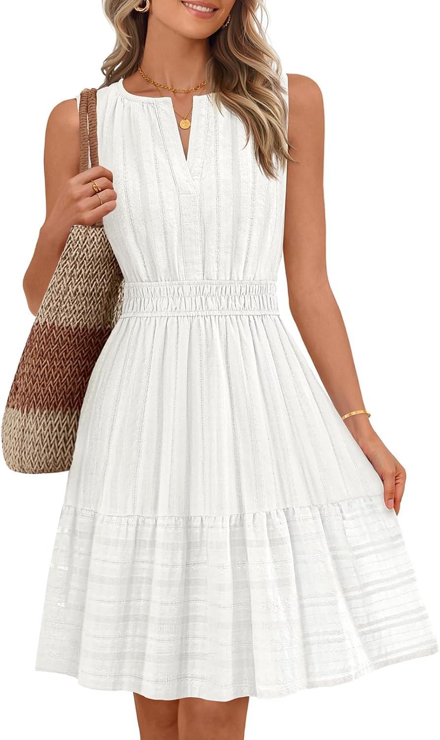 MEROKEETY Women's 2026 Summer Casual Mini Sundress Beach Vacation Sleeveless V Neck Flowy A Line Dress with Pockets
