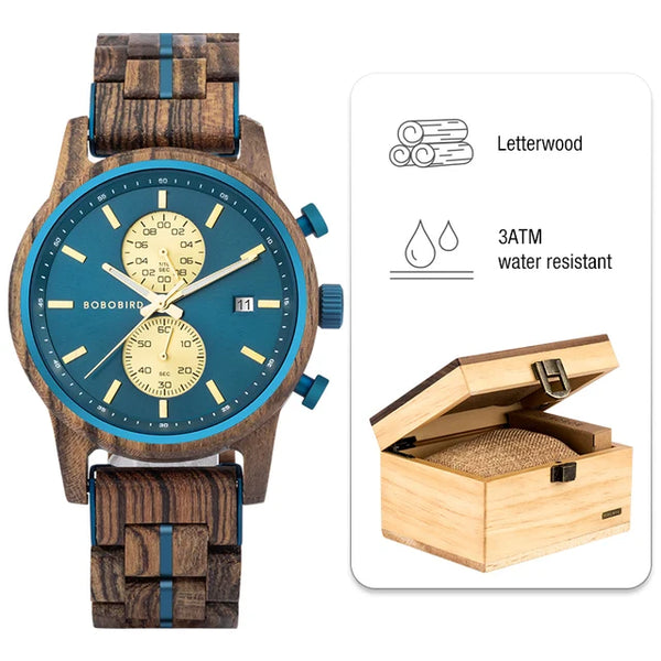 BOBO BIRD New Wooden Men Watch 44mm Luxury Business Quartz Chronograph Watches with Date Display Custom Man Gift montre homme