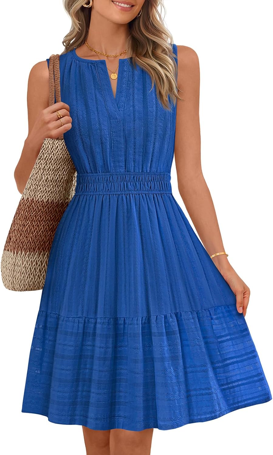 MEROKEETY Women's 2026 Summer Casual Mini Sundress Beach Vacation Sleeveless V Neck Flowy A Line Dress with Pockets