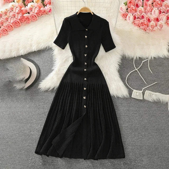 Laxsesu Summer 2024 New Women's Green Single Breasted Knitted Long Dress Elegant Office Lady Short Sleeve Pleated Dress Chic
