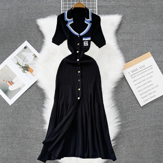 YuooMuoo 2024 New Arrival Women Knitted Maxi Dress Elegant Notched Single-breasted A-line Sweater Dress Female Long Vestidos