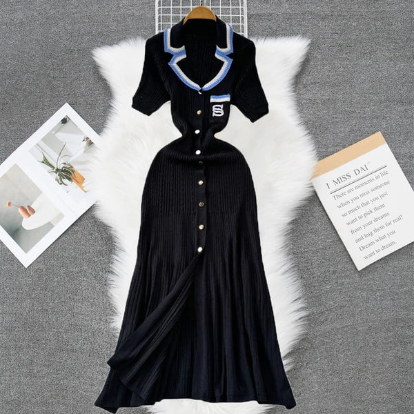 YuooMuoo 2024 New Arrival Women Knitted Maxi Dress Elegant Notched Single-breasted A-line Sweater Dress Female Long Vestidos