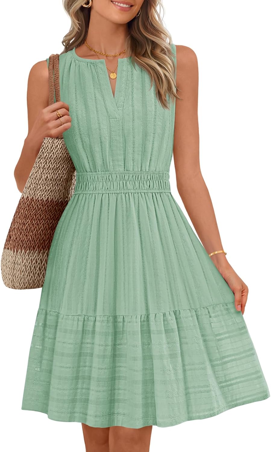 MEROKEETY Women's 2026 Summer Casual Mini Sundress Beach Vacation Sleeveless V Neck Flowy A Line Dress with Pockets