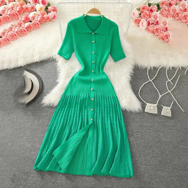 Laxsesu Summer 2024 New Women's Green Single Breasted Knitted Long Dress Elegant Office Lady Short Sleeve Pleated Dress Chic