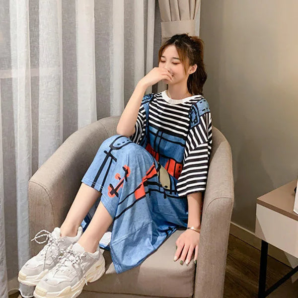 Fashion Printed Striped Fake Two Pieces Casual Dresses Female Clothing 2024 Summer New Loose Korean Batwing Sleeve Midi Dress