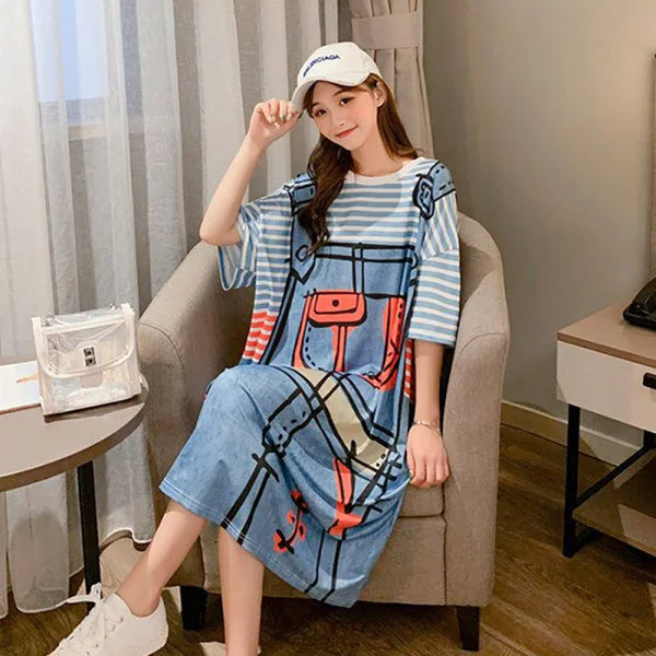 Fashion Printed Striped Fake Two Pieces Casual Dresses Female Clothing 2024 Summer New Loose Korean Batwing Sleeve Midi Dress
