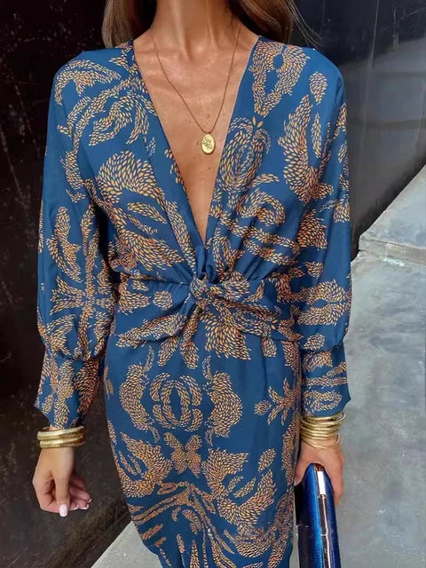 Spring Summer Fashion Streetwear Printed Dress Women Elegant Slim Midi Retro Printed V Neck Long Sleeved Slim Dress Women