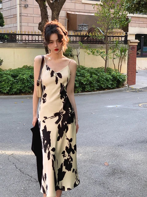 Vestido Midi Vintage de tirantes finos para mujer, traje de una pieza con estampado elegante, estilo coreano, para fiesta y graduación, 2022