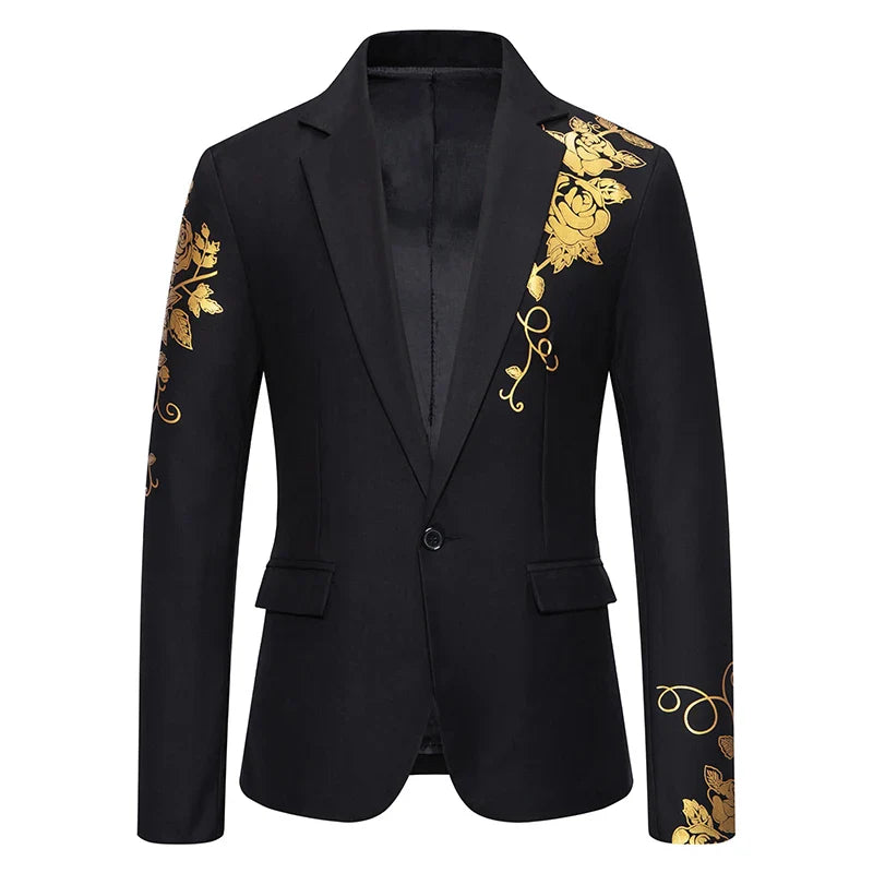 Blazer Men's Fashion Business Gentleman Business Paisley Gold Stamping Print English Style Wedding Casual Hosting Banquet Suit, Color - black