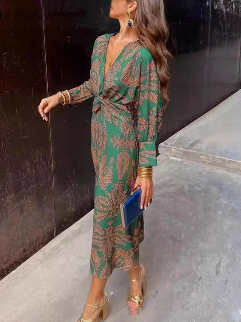 Spring Summer Fashion Streetwear Printed Dress Women Elegant Slim Midi Retro Printed V Neck Long Sleeved Slim Dress Women