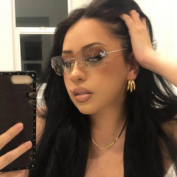 1Pc New Rhinestone Butterfly Sunglasses Y2K Women Retro Rimless Rectangle Sun Glasses Vintage Shades Travel Beach Eyewear