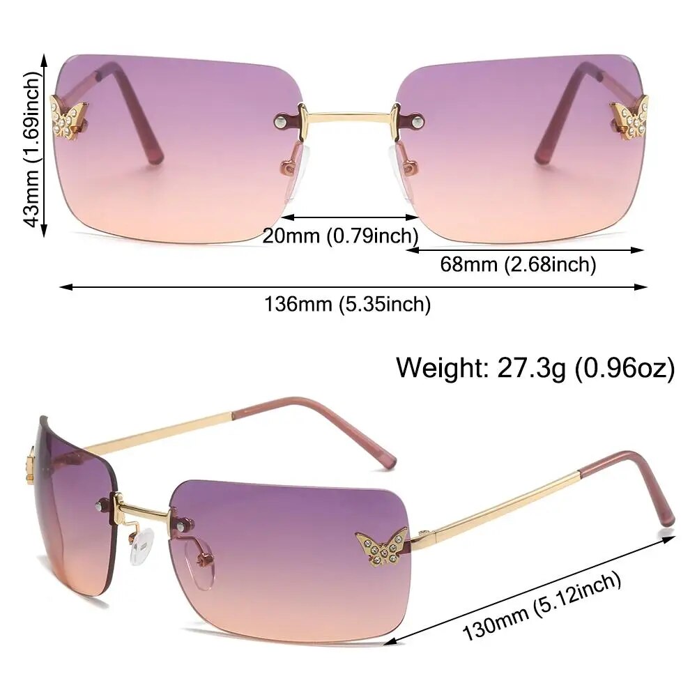 1Pc New Rhinestone Butterfly Sunglasses Y2K Women Retro Rimless Rectangle Sun Glasses Vintage Shades Travel Beach Eyewear