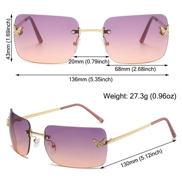1Pc New Rhinestone Butterfly Sunglasses Y2K Women Retro Rimless Rectangle Sun Glasses Vintage Shades Travel Beach Eyewear