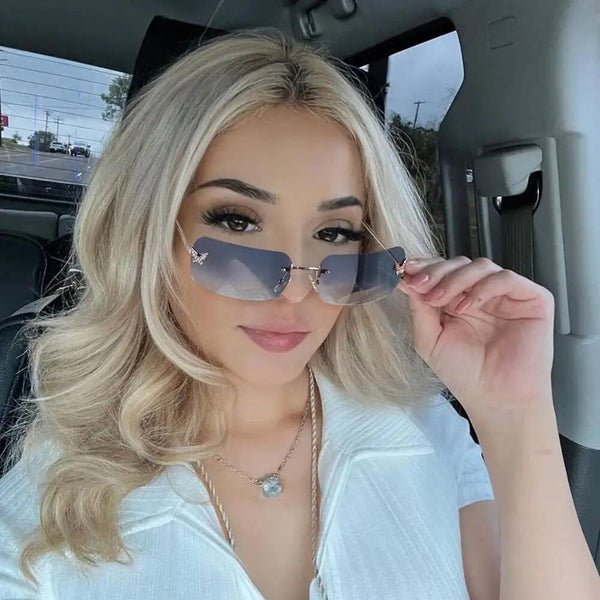 1Pc New Rhinestone Butterfly Sunglasses Y2K Women Retro Rimless Rectangle Sun Glasses Vintage Shades Travel Beach Eyewear