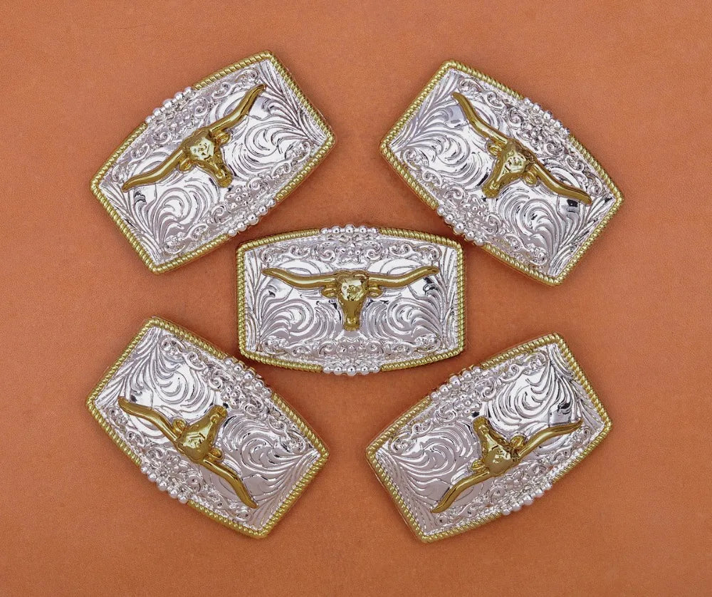 5pc 46*30mm AMERICAN WESTERN TEXAS COWBOY COWGIRL BULL HORN TACK GOLD SILVER LONGHORN ROPE HORSE SADDLE Leather Craft CONCHO SET