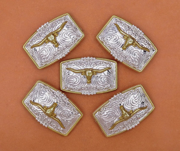 5pc 46*30mm AMERICAN WESTERN TEXAS COWBOY COWGIRL BULL HORN TACK GOLD SILVER LONGHORN ROPE HORSE SADDLE Leather Craft CONCHO SET