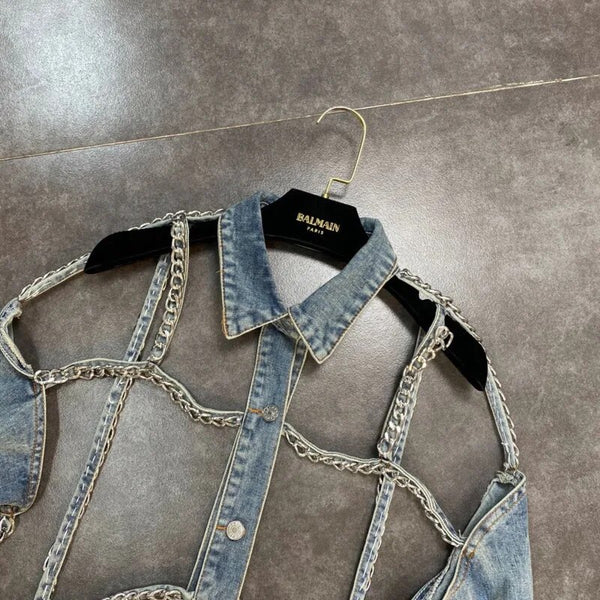 DEAT Women Personalized Fashion Metal Chain Holloe Out Backless Denim Coat New Long Sleeve Fashion Spring Spring 2023 11D691