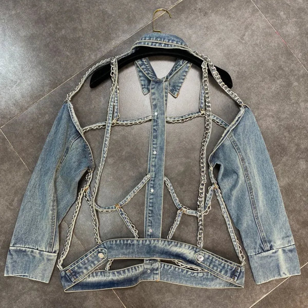 DEAT Women Personalized Fashion Metal Chain Holloe Out Backless Denim Coat New Long Sleeve Fashion Spring Spring 2023 11D691