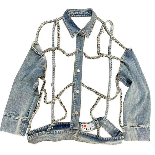 DEAT Women Personalized Fashion Metal Chain Holloe Out Backless Denim Coat New Long Sleeve Fashion Spring Spring 2023 11D691