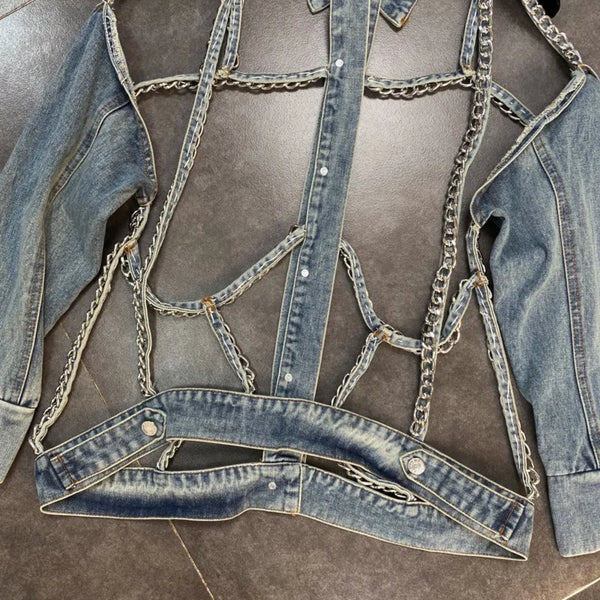 DEAT Women Personalized Fashion Metal Chain Holloe Out Backless Denim Coat New Long Sleeve Fashion Spring Spring 2023 11D691