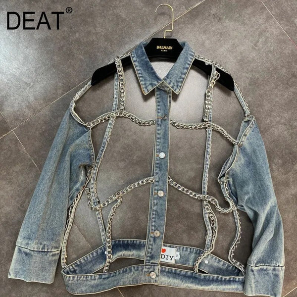 DEAT Women Personalized Fashion Metal Chain Holloe Out Backless Denim Coat New Long Sleeve Fashion Spring Spring 2023 11D691