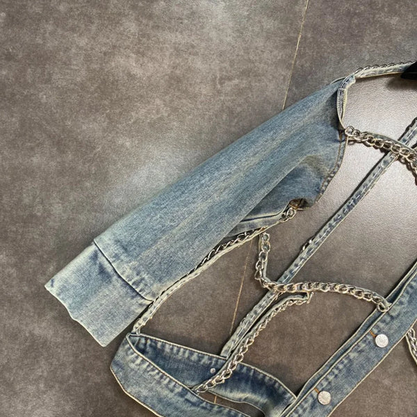 DEAT Women Personalized Fashion Metal Chain Holloe Out Backless Denim Coat New Long Sleeve Fashion Spring Spring 2023 11D691