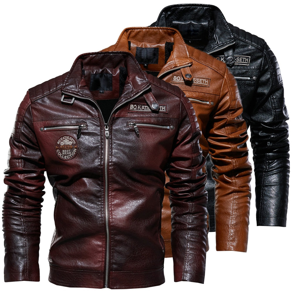 Leather Jacket Men Winter Fleece Motorcycle Pu Leather Jacket Mens Stand Collar Casual Windbreaker Ropa De Hombre Slim Coat 7xl - Faux Leather