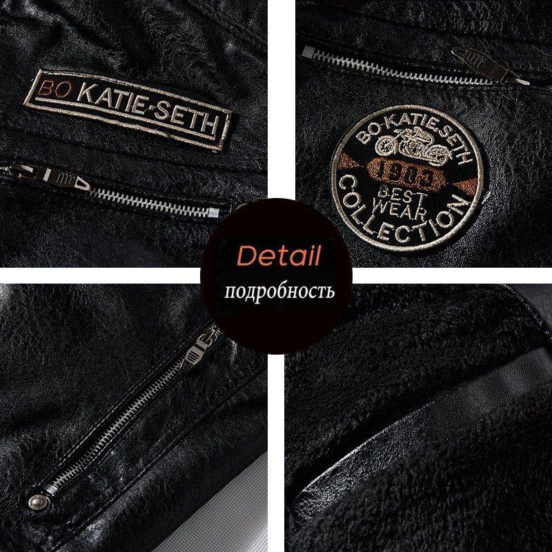 Leather Jacket Men Winter Fleece Motorcycle Pu Leather Jacket Mens Stand Collar Casual Windbreaker Ropa De Hombre Slim Coat 7xl - Faux Leather