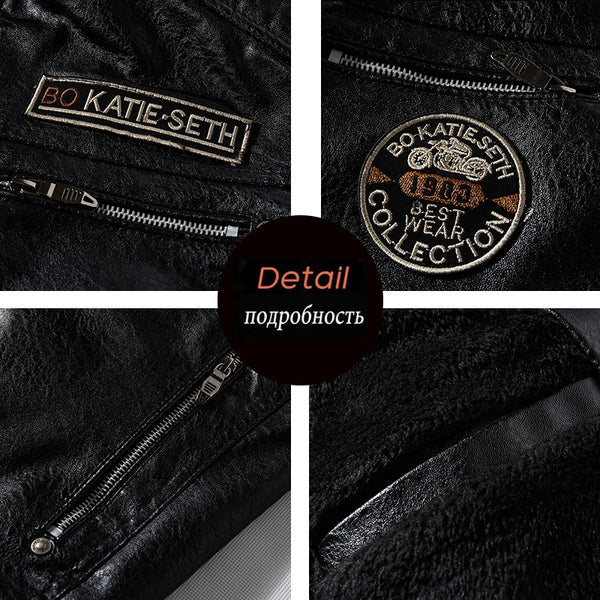 Leather Jacket Men Winter Fleece Motorcycle Pu Leather Jacket Mens Stand Collar Casual Windbreaker Ropa De Hombre Slim Coat 7xl - Faux Leather