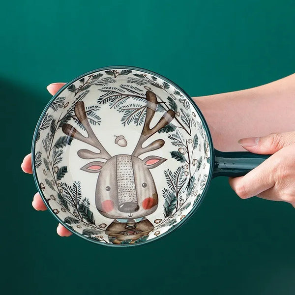 Cartoon Ceramic Single Handle Bowl Ceramic Handle Bowl Baking Handle Noodle Bowl Household Breakfast Bowl