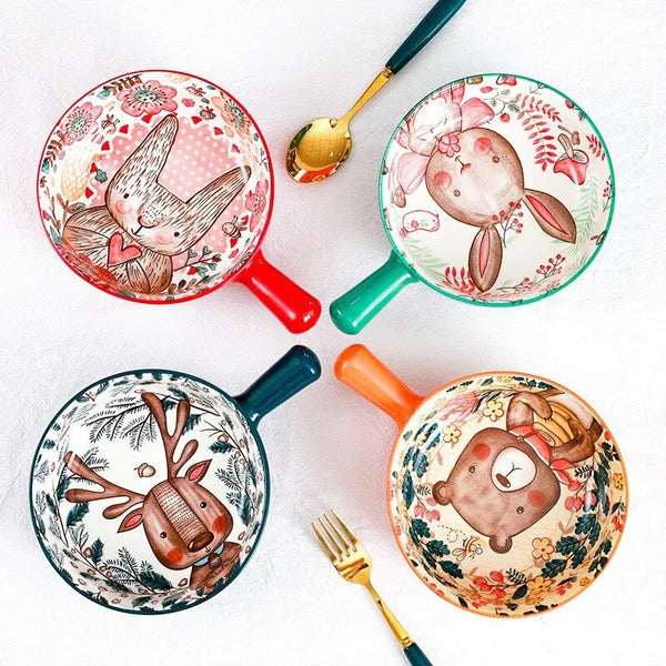Cartoon Ceramic Single Handle Bowl Ceramic Handle Bowl Baking Handle Noodle Bowl Household Breakfast Bowl