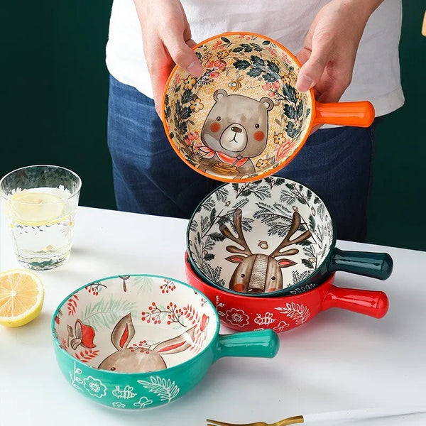 Cartoon Ceramic Single Handle Bowl Ceramic Handle Bowl Baking Handle Noodle Bowl Household Breakfast Bowl