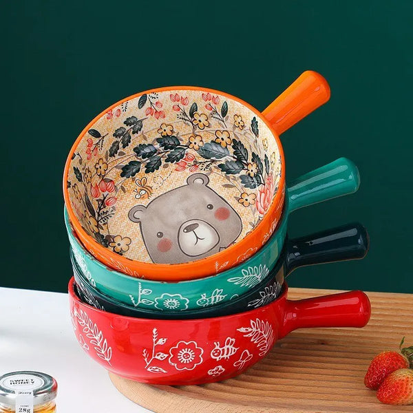 Cartoon Ceramic Single Handle Bowl Ceramic Handle Bowl Baking Handle Noodle Bowl Household Breakfast Bowl