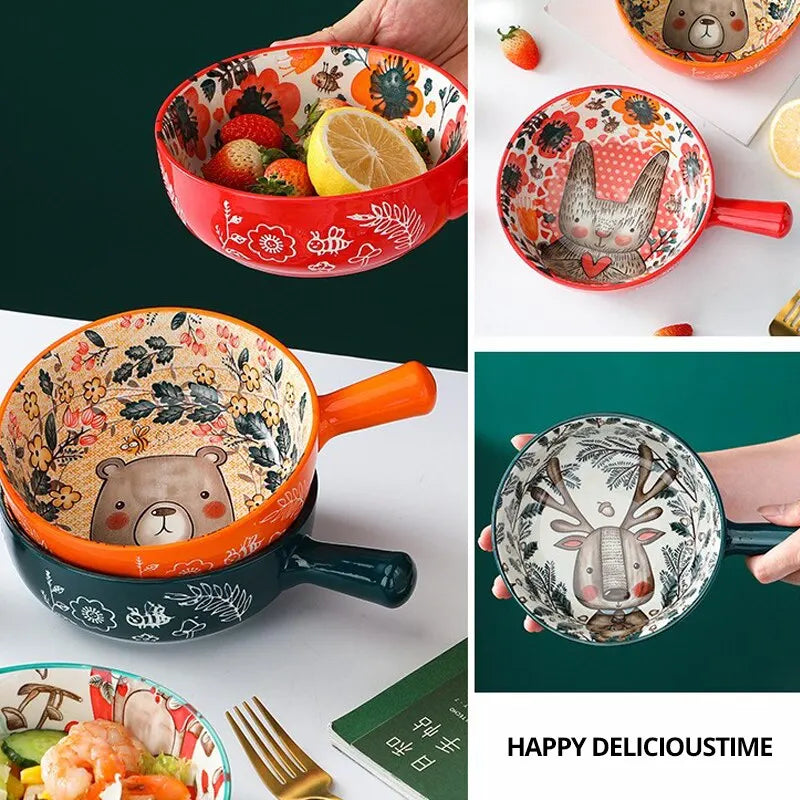 Cartoon Ceramic Single Handle Bowl Ceramic Handle Bowl Baking Handle Noodle Bowl Household Breakfast Bowl